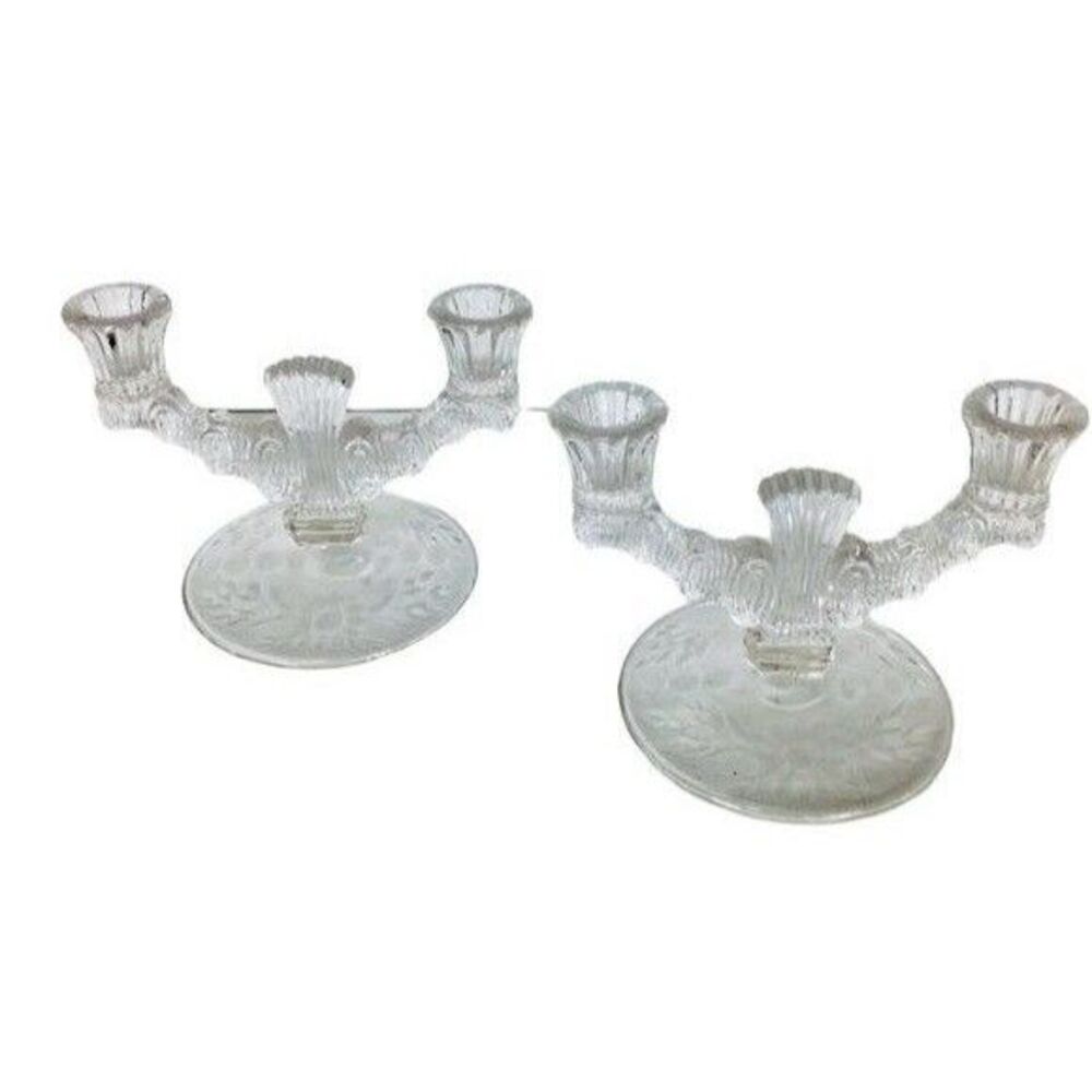 Vintage 1920s Art Deco Etched Glass Double Arm Candelabra Candle Holder Pair